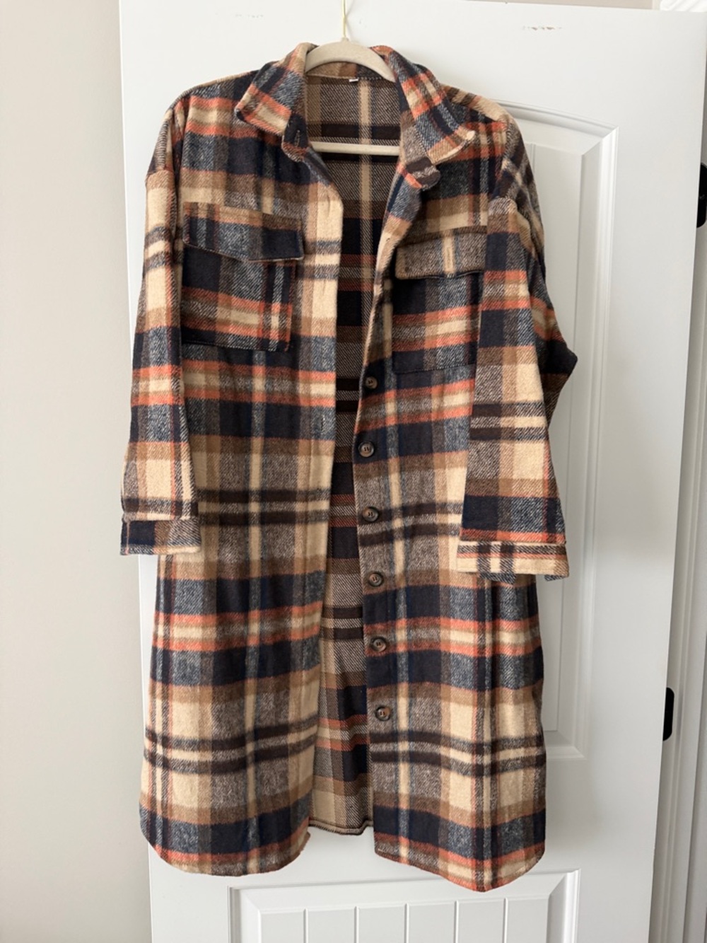 Plaid Long Trench Coatigan in Navy & Beige